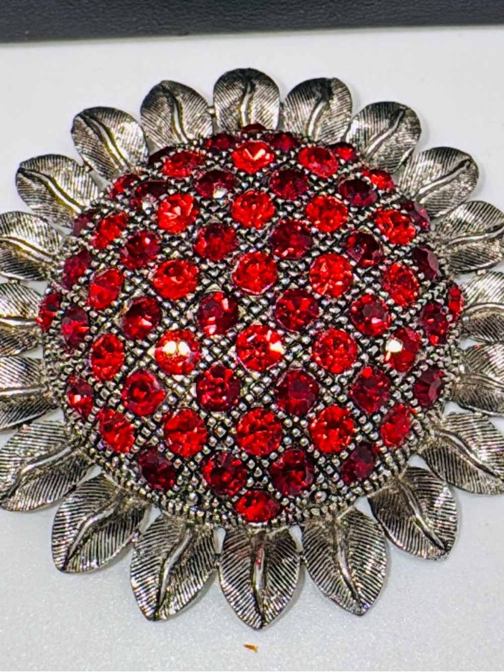Vintage-Inspired Red Crystal Sunflower Brooch